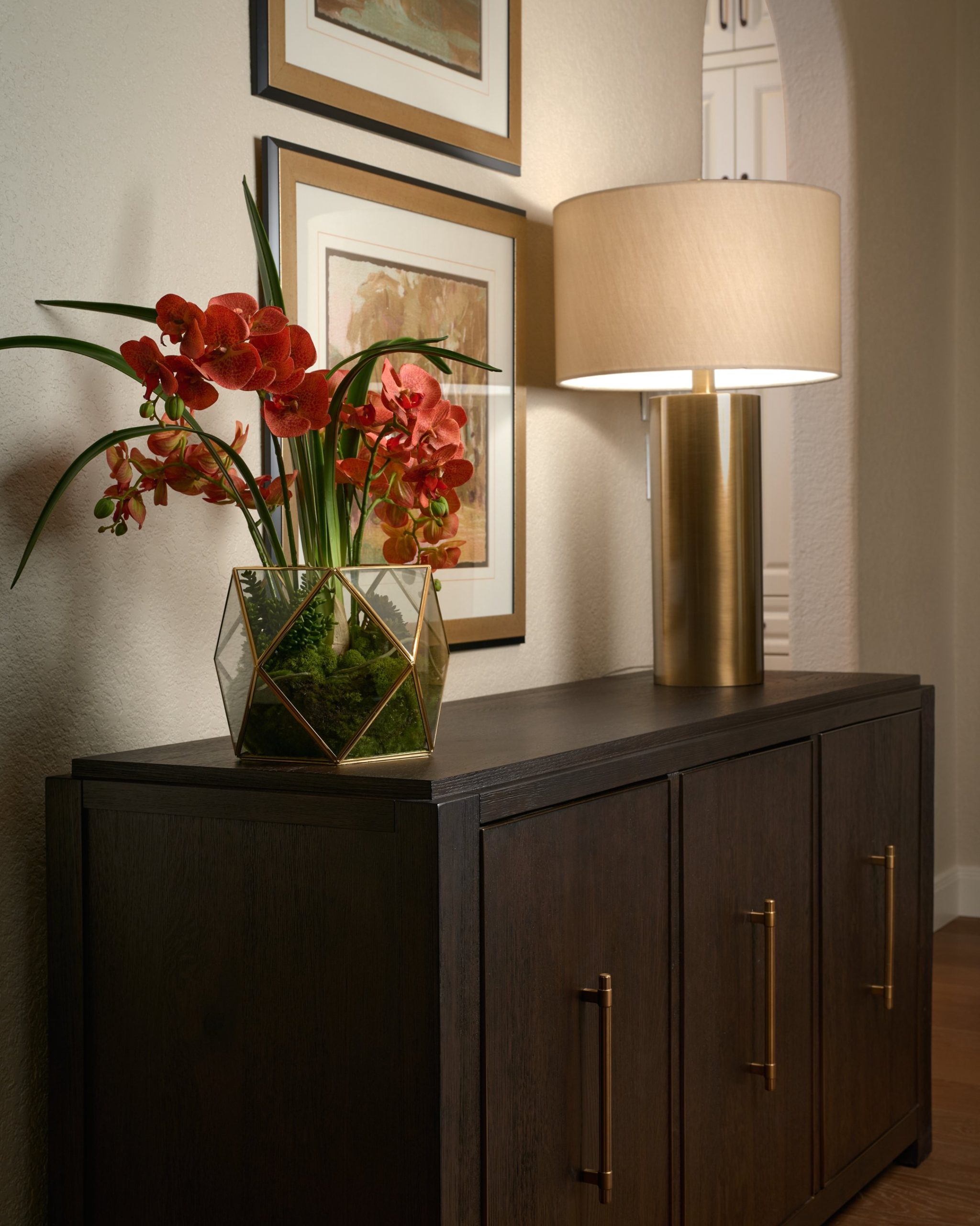 Hallway cabinet flowers and lamp image for Reviews Page